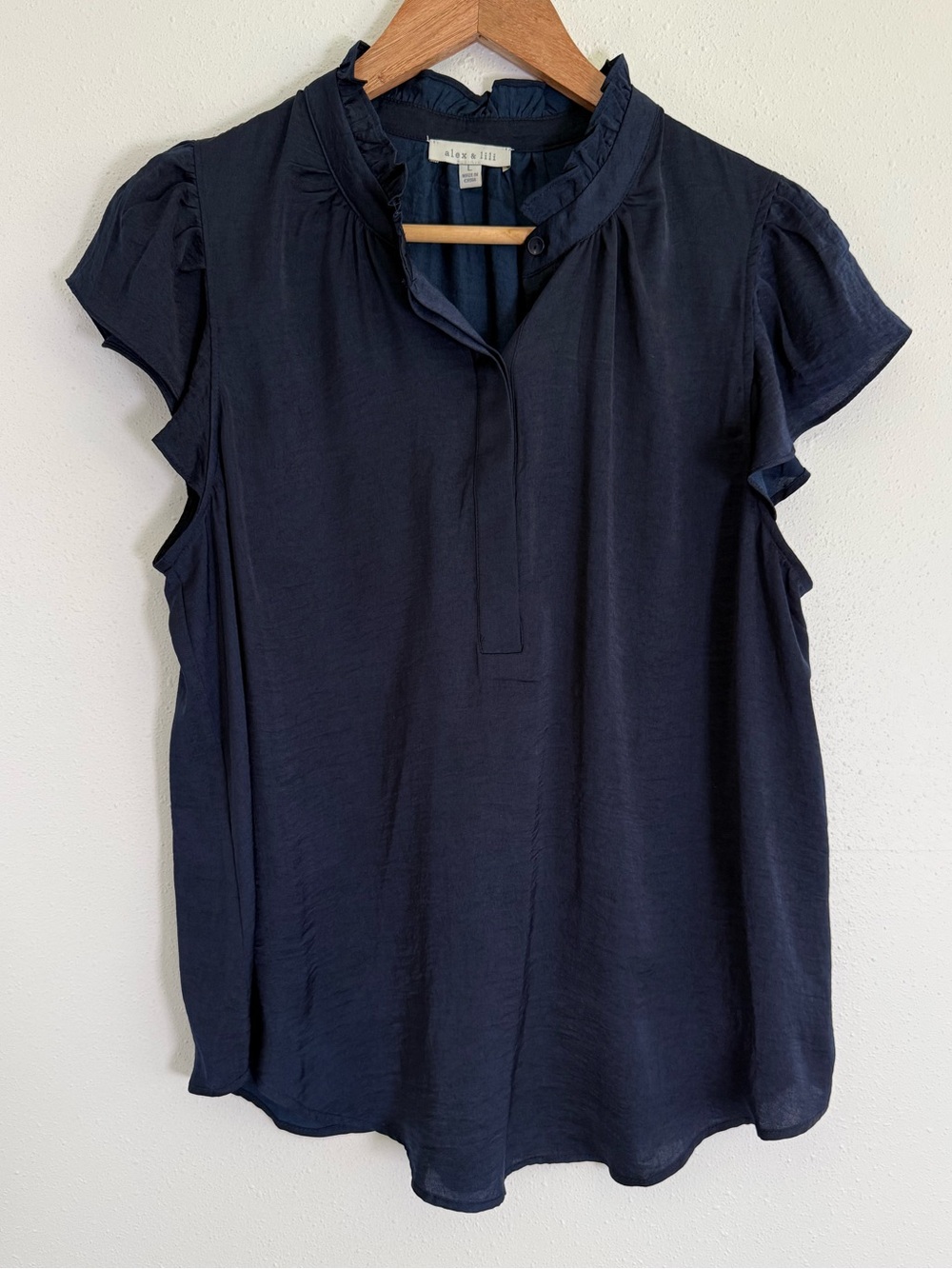 Alex & Lili Navy Ruffle Sleeve Blouse Women’s Large Flutter Sleeve Top